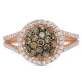 0.90 Carat (ctw) 10K Rose Gold Round Champagne & White Diamond Ladies Cluster Style Bridal Engagement Ring