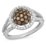 0.90 Carat (ctw) 10K White Gold Round Champagne & White Diamond Ladies Cluster Style Bridal Engagement Ring