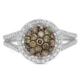 0.90 Carat (ctw) 10K White Gold Round Champagne & White Diamond Ladies Cluster Style Bridal Engagement Ring