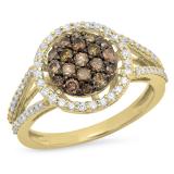 0.90 Carat (ctw) 10K Yellow Gold Round Champagne & White Diamond Ladies Cluster Style Bridal Engagement Ring