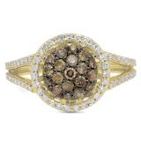 0.90 Carat (ctw) 10K Yellow Gold Round Champagne & White Diamond Ladies Cluster Style Bridal Engagement Ring