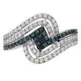 0.80 Carat (ctw) 10K White Gold Round Cut Blue & White Diamond Ladies Twisted Style Right Hand Fashion Band 3/4 CT