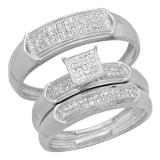 0.30 Carat (ctw) Sterling Silver Round White Diamond Men & Women's Micro Pave Engagement Ring Trio Bridal Set 1/3 CT