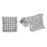 0.13 Carat (ctw) Platinum Plated Sterling Silver Real Round Diamond Square Mens Hip Hop Iced Stud Earrings