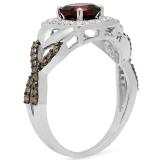 1.40 Carat (ctw) 10K White Gold Cushion Garnet & Round Champagne & White Diamond Ladies Swirl Split Shank Halo Style Bridal Engagement Ring