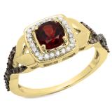 1.40 Carat (ctw) 10K Yellow Gold Cushion Garnet & Round Champagne & White Diamond Ladies Swirl Split Shank Halo Style Bridal Engagement Ring