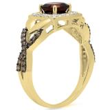1.40 Carat (ctw) 10K Yellow Gold Cushion Garnet & Round Champagne & White Diamond Ladies Swirl Split Shank Halo Style Bridal Engagement Ring