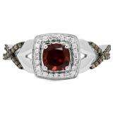 1.40 Carat (ctw) 14K White Gold Cushion Garnet & Round Champagne & White Diamond Ladies Swirl Split Shank Halo Style Bridal Engagement Ring