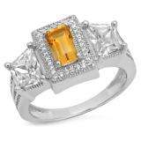 4.80 Carat (ctw) 10K White Gold Emerald Cut Citrine & Tapered & Round White Cubic Zirconia CZ Ladies Halo Style Bridal Engagement Ring