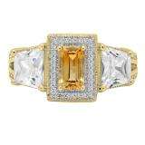 4.80 Carat (ctw) 10K Yellow Gold Emerald Cut Citrine & Tapered & Round White Cubic Zirconia CZ Ladies Halo Style Bridal Engagement Ring
