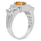 4.80 Carat (ctw) 14K White Gold Emerald Cut Citrine & Tapered & Round White Cubic Zirconia CZ Ladies Halo Style Bridal Engagement Ring
