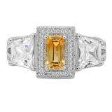 4.80 Carat (ctw) 14K White Gold Emerald Cut Citrine & Tapered & Round White Cubic Zirconia CZ Ladies Halo Style Bridal Engagement Ring