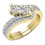 1.20 Carat (ctw) 10K Yellow Gold Round White Diamond Ladies Two Stone Bypass Style Bridal Engagement Ring Set