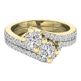 1.20 Carat (ctw) 10K Yellow Gold Round White Diamond Ladies Two Stone Bypass Style Bridal Engagement Ring Set
