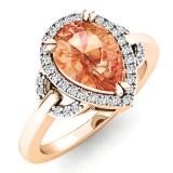 2.10 Carat (ctw) 14K Rose Gold Pear Cut Morganite & Round Cut White Diamond Ladies Bridal Halo Engagement Ring