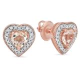 1.05 Carat (ctw) Rose Gold Plated Sterling Silver Heart Cut Morganite & Round Cut White Diamond Ladies Halo Stud Earrings 1 CT