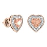 1.05 Carat (ctw) Rose Gold Plated Sterling Silver Heart Cut Morganite & Round Cut White Diamond Ladies Halo Stud Earrings 1 CT