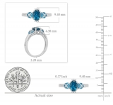 1.65 Carat (ctw) Sterling Silver Center Oval Cut London Blue Topaz & Side Heart Cut Swiss Blue Topaz & Round Cut White Diamond Ladies 3 Stone Bridal Engagement Ring