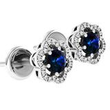 0.90 Carat (ctw) 10K White Gold Round Cut Blue Sapphire & White Diamond Ladies Flower Shape Cluster Fashion Stud Earrings