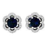 0.90 Carat (ctw) 10K White Gold Round Cut Blue Sapphire & White Diamond Ladies Flower Shape Cluster Fashion Stud Earrings