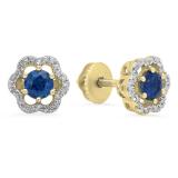 0.90 Carat (ctw) 10K Yellow Gold Round Cut Blue Sapphire & White Diamond Ladies Flower Shape Cluster Fashion Stud Earrings