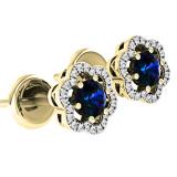 0.90 Carat (ctw) 10K Yellow Gold Round Cut Blue Sapphire & White Diamond Ladies Flower Shape Cluster Fashion Stud Earrings