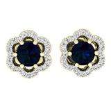 0.90 Carat (ctw) 10K Yellow Gold Round Cut Blue Sapphire & White Diamond Ladies Flower Shape Cluster Fashion Stud Earrings