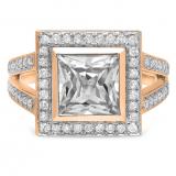 3.70 Carat (ctw) 10K Rose Gold Princess Cut White Sapphire & Round Cut White Diamond Ladies Halo Style Split Shank Bridal Engagement Ring
