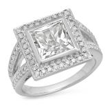 3.70 Carat (ctw) 10K White Gold Princess Cut White Sapphire & Round Cut White Diamond Ladies Halo Style Split Shank Bridal Engagement Ring