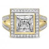 3.70 Carat (ctw) 10K Yellow Gold Princess Cut White Sapphire & Round Cut White Diamond Ladies Halo Style Split Shank Bridal Engagement Ring