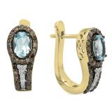 1.60 Carat (ctw) 18K Yellow Gold Oval Cut Blue Topaz & Round Cut Champagne & White Diamond Ladies Halo Style Hoop Earrings