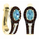1.60 Carat (ctw) 18K Yellow Gold Oval Cut Blue Topaz & Round Cut Champagne & White Diamond Ladies Halo Style Hoop Earrings