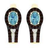 1.60 Carat (ctw) 18K Yellow Gold Oval Cut Blue Topaz & Round Cut Champagne & White Diamond Ladies Halo Style Hoop Earrings