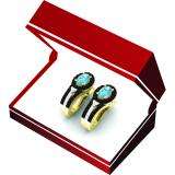 1.60 Carat (ctw) 18K Yellow Gold Oval Cut Blue Topaz & Round Cut Champagne & White Diamond Ladies Halo Style Hoop Earrings