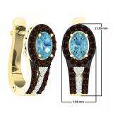1.60 Carat (ctw) 18K Yellow Gold Oval Cut Blue Topaz & Round Cut Champagne & White Diamond Ladies Halo Style Hoop Earrings