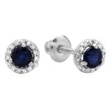 0.45 Carat (ctw) 10K White Gold Round Blue Sapphire & White Diamond Ladies Halo Style Stud Earrings 1/2 CT