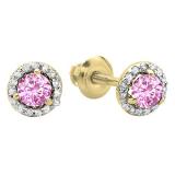 0.45 Carat (ctw) 18K Yellow Gold Round Pink Sapphire & White Diamond Ladies Halo Style Stud Earrings 1/2 CT