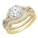 1.15 Carat (ctw) 10K Yellow Gold Round White Diamond Ladies Swirl Split Shank Halo Engagement Ring With Matching Band Set 1 CT