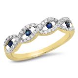 0.28 Carat (ctw) 10K Yellow Gold Round Blue Sapphire & White Diamond Ladies Bridal Stackable Anniversary Wedding Band Swirl Ring 1/4 CT