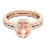 1.45 Carat (ctw) 10K Rose Gold Oval Cut Morganite & Round Cut White Diamond Ladies Bridal Halo Engagement Ring With Matching Band Set 1 1/2 CT
