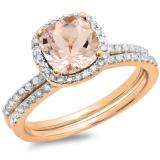 2.50 Carat (ctw) 10K Rose Gold Cushion Cut Morganite & Round Cut White Diamond Ladies Bridal Halo Engagement Ring With Matching Band Set 1 CT