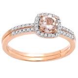 0.75 Carat (ctw) 10K Rose Gold Round Cut Morganite & White Diamond Ladies Bridal Halo Engagement Ring With Matching Band Set 3/4 CT