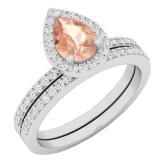 10K White Gold 7X5 MM Pear Morganite & Round Diamond Ladies Bridal Engagement Ring With Band Set