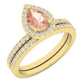 18K Yellow Gold 7X5 MM Pear Morganite & Round Diamond Ladies Bridal Engagement Ring With Band Set