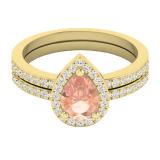 18K Yellow Gold 7X5 MM Pear Morganite & Round Diamond Ladies Bridal Engagement Ring With Band Set