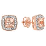 1.45 Carat (ctw) Sterling Silver Cushion Cut Morganite & Round Cut White Diamond Ladies Halo Stud Earrings 1 1/2 CT