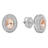 0.85 Carat (ctw) Sterling Silver Oval Cut Morganite & Round Cut White Diamond Ladies Halo Stud Earrings