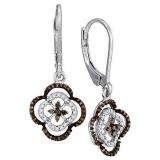0.45 Carat (ctw) 10K White Gold Round Cognac & White Diamond Ladies Cluster Style Flower Dangling Earrings 1/2 CT