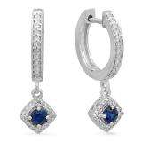0.50 Carat (ctw) 10K White Gold Round Blue Sapphire & White Diamond Ladies Halo Style Dangling Drop Earrings 1/2 CT