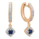 0.50 Carat (ctw) 14K Rose Gold Round Blue Sapphire & White Diamond Ladies Halo Style Dangling Drop Earrings 1/2 CT